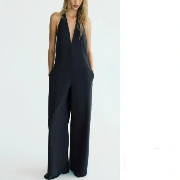 ZARA FULL LENGTH PINSTRIPE HALTER JUMPSUIT